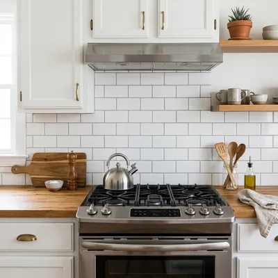 A finished white subway tile backsplash behind a clean wooden kitchen countertop