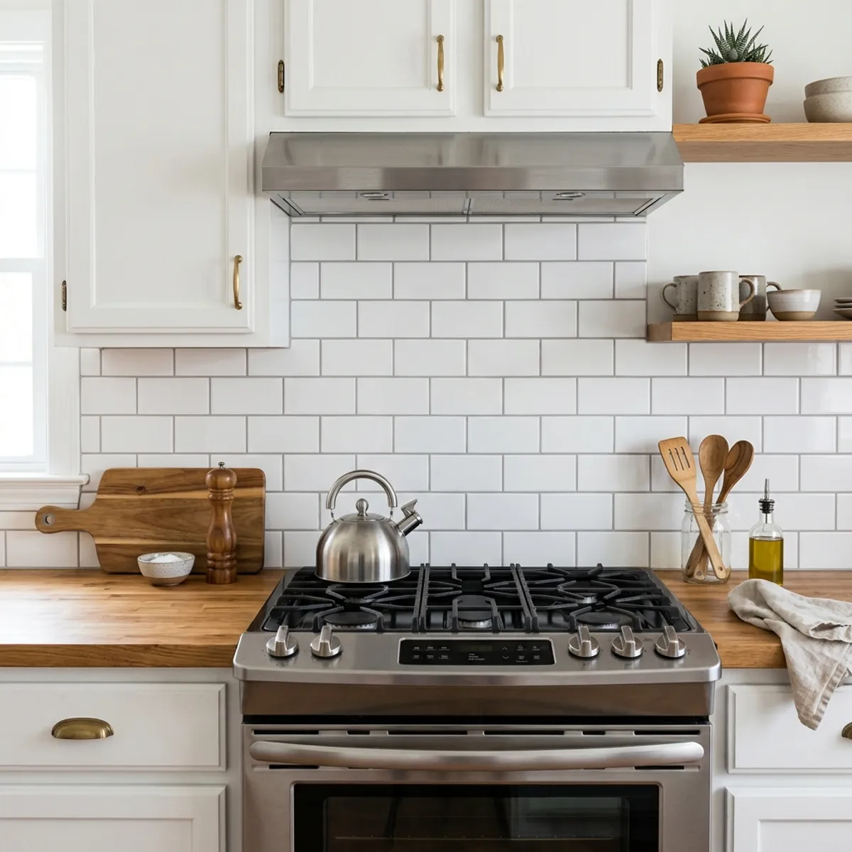 A finished white subway tile backsplash behind a clean wooden kitchen countertop