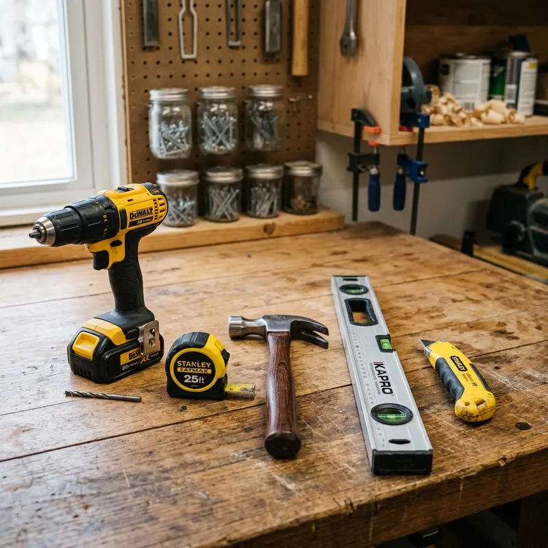 A neatly organized selection of basic hand tools resting on a wooden workshop table