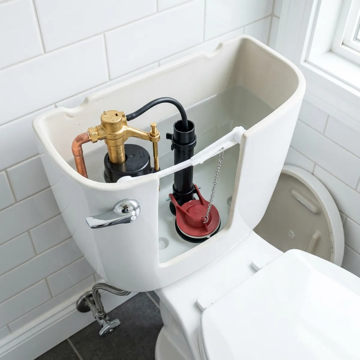 A clean modern toilet tank with lid removed exposing internal fill valve assembly